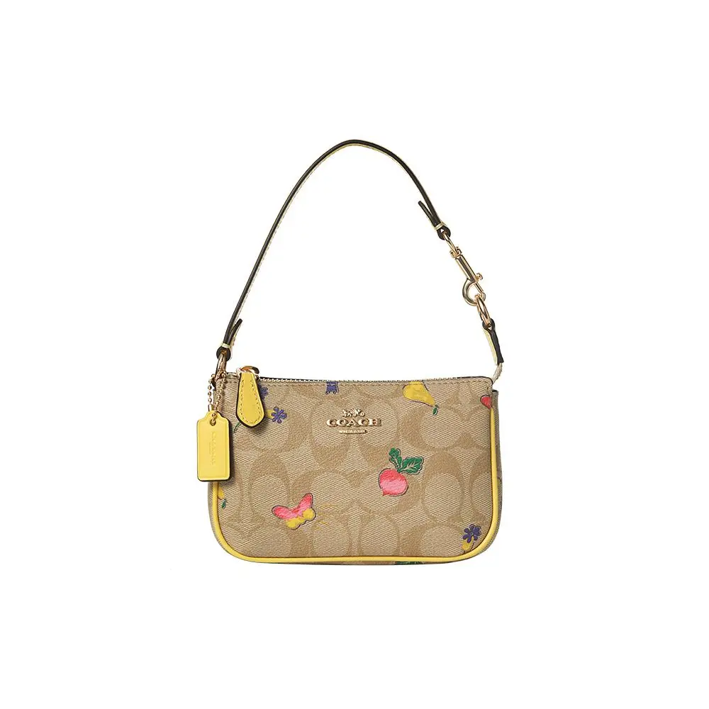 COACH Nolita 15 PVC Crossbody Bag for Women – Monogram Floral Butterfly Fruit Print, Shiny Khaki and Vintage Yellow