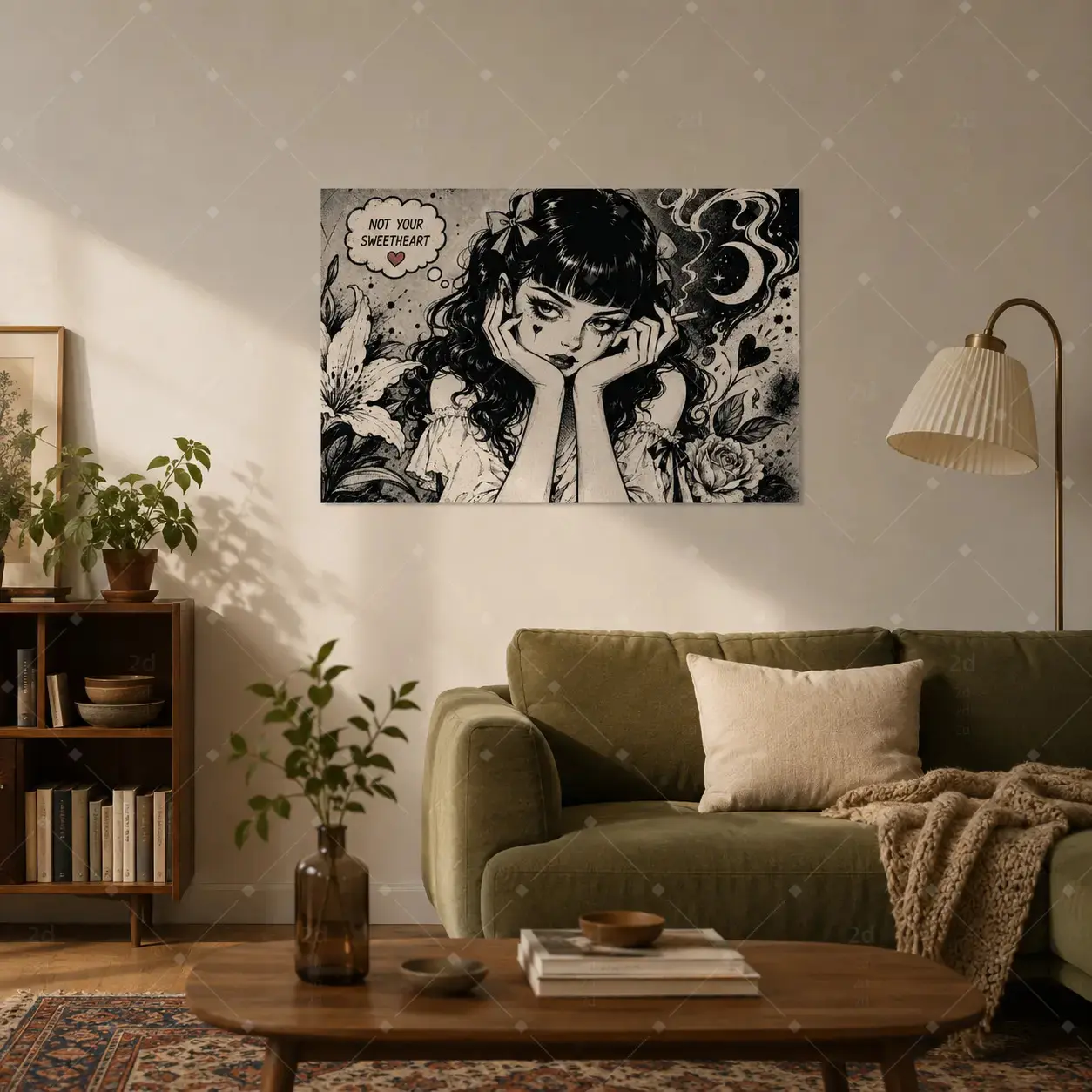 Trendy Decor Poster Print, Vintage Black White Comic Style Girl Canvas Wall Art, Gothic Floral Moon Rebel Quote Painting For Bedroom Dorm Tattoo Shop Bar Teen Apartment Wall Decor, Available as Unframed Canvas Poster or Framed Canvas Wrap