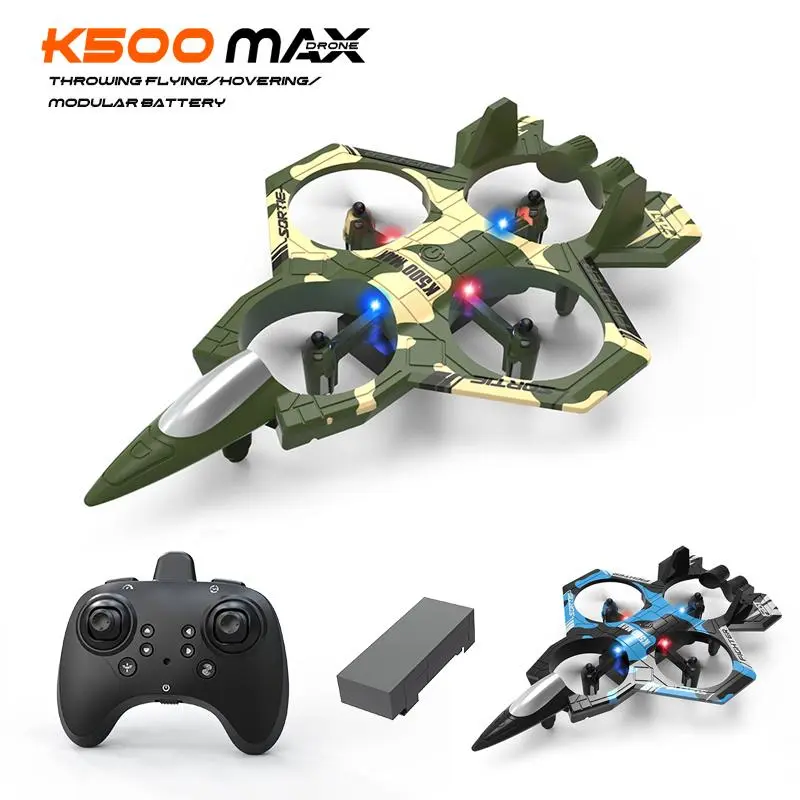 K500 MAX Camouflage Jet Fighter RC Drone, Throw & Fly Hover Function, Modular Dual Batteries, 360 Stunt Flip, Anti-Collision Frame, Bright LED Lights, Long Flight Time Remote Control Plane Toy