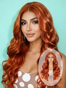 13×6 HD Lace Front Wig Burnt Orange Color Heat-Resistant Synthetic Long Curly Hair Wig, Free Part Body Wave with Yaki Texture, Pre-Plucked Hairline, Suitable for Daily Wear, Parties, and Cosplay, 22 Inches