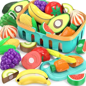Cutting Play Food Toys for Kids, Pretend Play Kitchen Accessories, Fake Fruits/Vegetables Set with Storage Basket, Board and Knife, Birthday Gift Educational Toyfidget toys