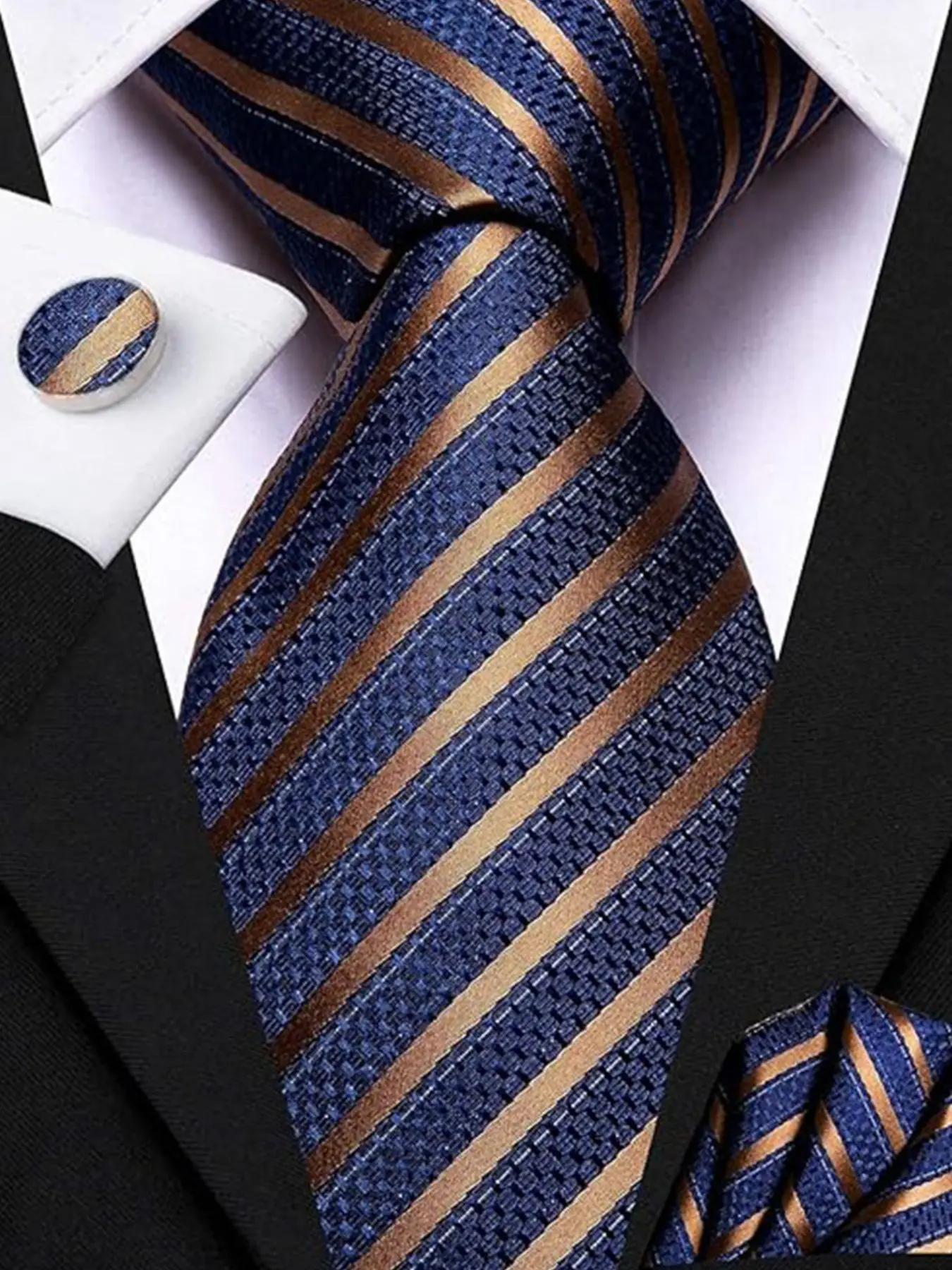 Men's Blue Striped Tie Set, Handkerchief and Buttonhole Kit, Formal Wedding and Business Accessories, Complete Men's Tie Ensemble