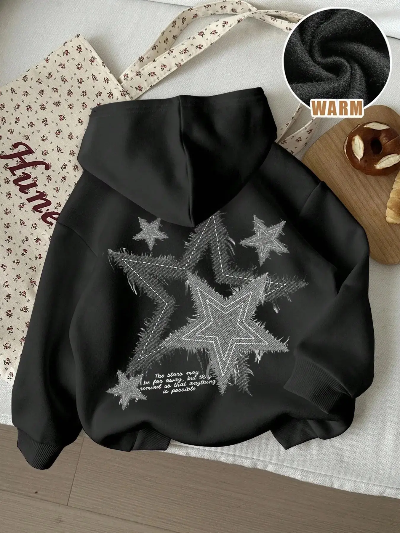 American Vintage Star Print Hooded Sweatshirt for Women, Fleece Lined Thick Loose Fit, Casual Fall & Winter Top, Batch Number 202604