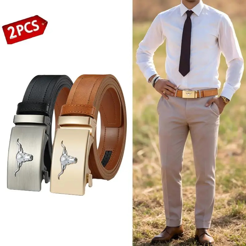 【WeeklyDeals】Men's Ratchet Belt 2 Pack, Bull Head Leather Belt for Men, Automatic Buckle Adjustable Casual Business Belt for Jeans Dress Pants
