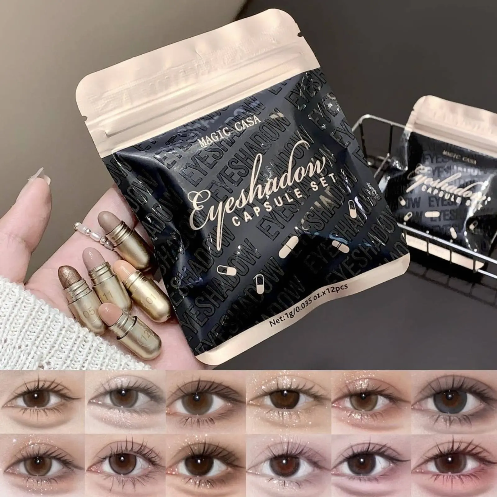 12pcs Capsule Eye Shadow Set Metal High Gloss Sleeping Silkworm Small Golden Bean Eye Shadow Is Not Easy To Smudge Eye Shadow Makeup, Suitable for Novice Girls' Daily Party Eye Makeup
