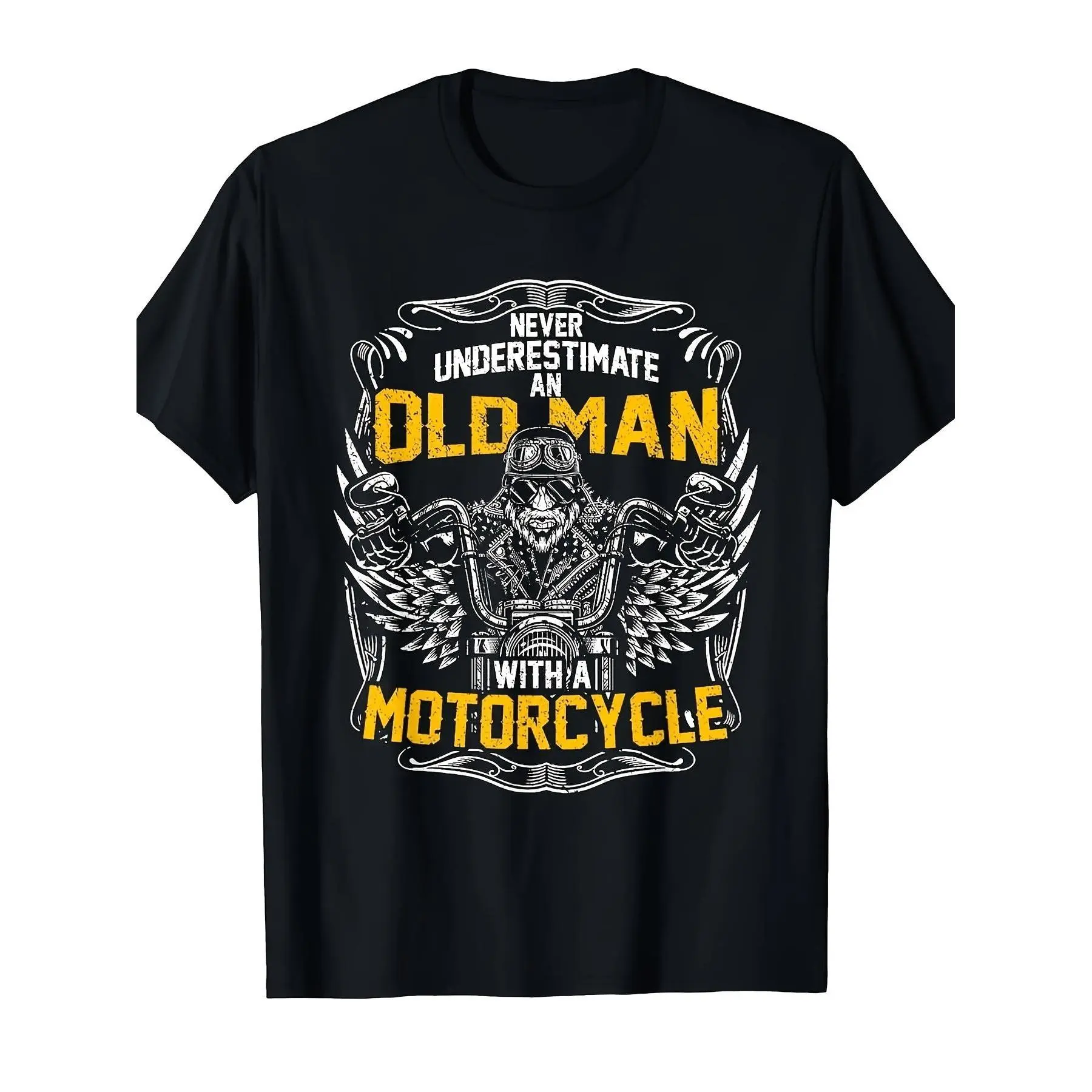 180gNever Underestimate Old for Motorcycle Men's T-shirt Motorcycle Graphic Tee with Wings Biker Design Soft Breathable Loose Fit Crew Neck Short Sleeve Shirt for Riding Cas, Casual WearPattern Print Crew Neck T-Shirt Gift