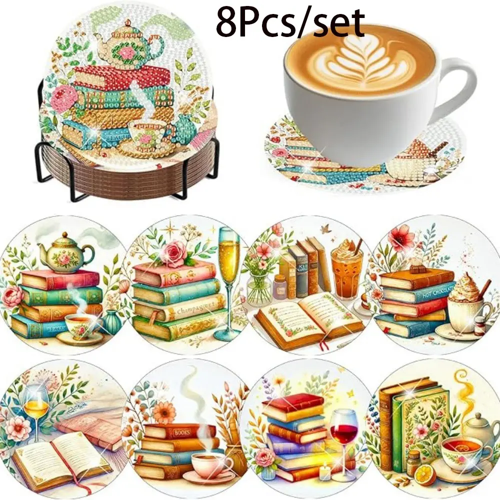8-Piece Diamond Painting Coaster Set with Book Pattern and Stand, DIY Art Craft Kit for Beginners, Perfect Gift for Home Decor Lovers, Diamond Painting Kits