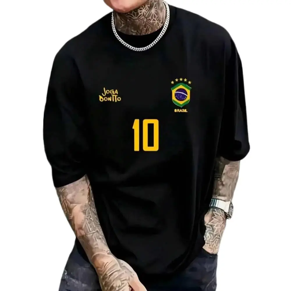 Men's Graphic T-Shirt, Retro Brazil Football Jersey - Legendary Number 10, Casual Football Fan Outfit, Football Jersey, 100% Polyester Breathable Knit Fabric, Regular Fit Round Neck Design graphic tee graphic tee