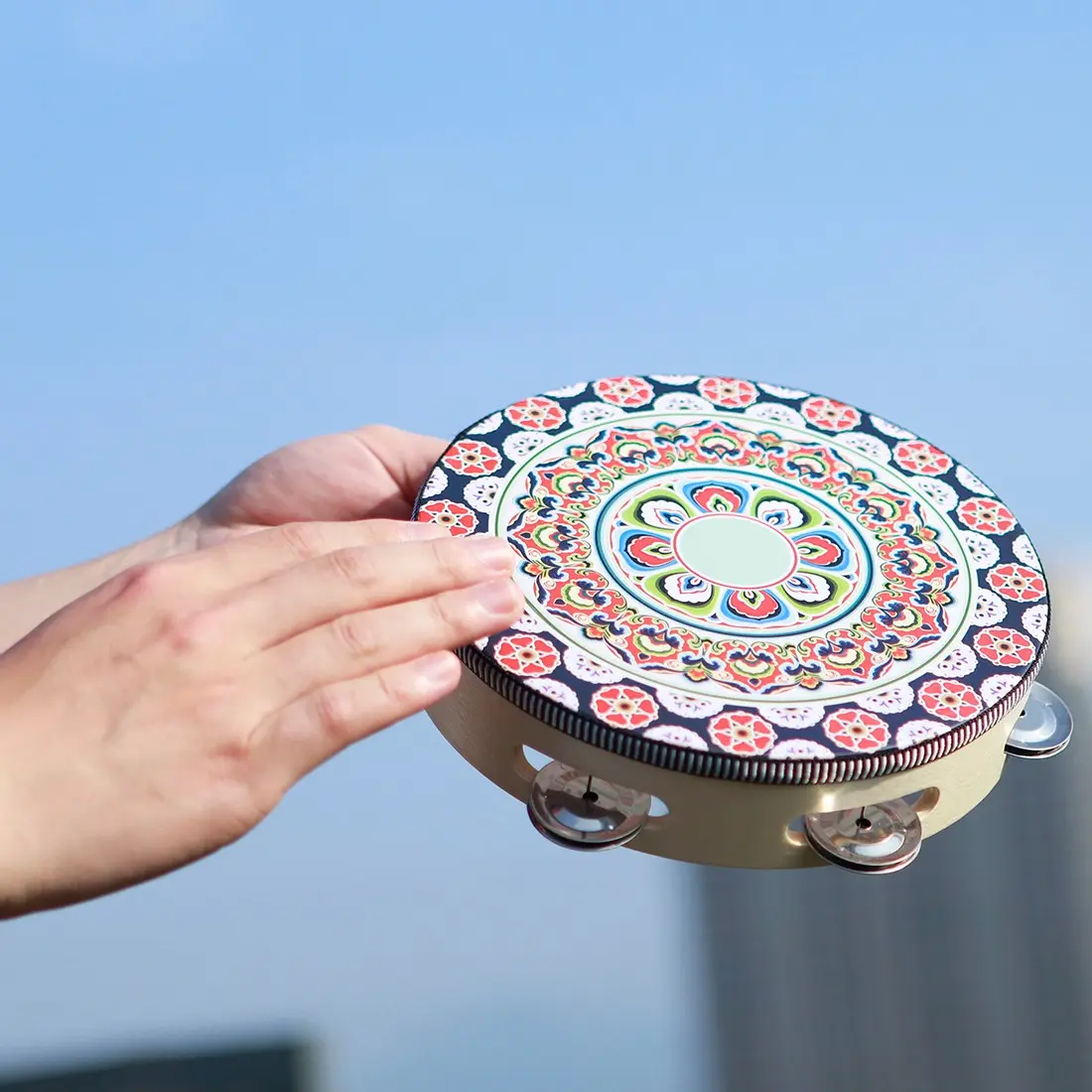 8-Inch Wooden Hand Drum, Single Row Metal Bell Sound, Mandala Design Inspired by Dunhuang, Traditional Wood Percussion Instrument