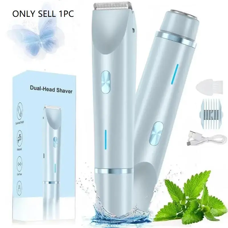 2-in-1 Electric Hair Removal Tool for Women, Dual-Head Cordless Waterproof Bikini Shaver and Trimmer for Body and Facial Hair, Painless Precision Shaver for Wet and Dry Use, USB Rechargeable Shaver, Facial Hair Groomer