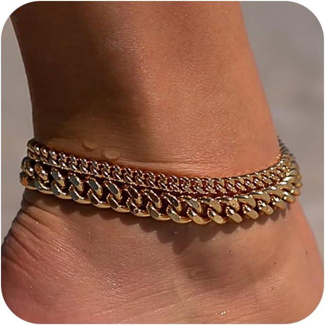 FREEKISS Chunky Cuban Link Chain Anklet for Women Waterproof Adjustable Length 8.5+2 Inch Fashion Chic Accessories Trendy Layered Anklet Set Jewelry Gift