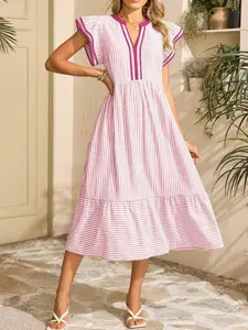2026 New Striped Pleated Short Sleeve V-Neck Dress, Fashion Waist Cinch Slimming Casual Long Dress, Elegant and Chic Style