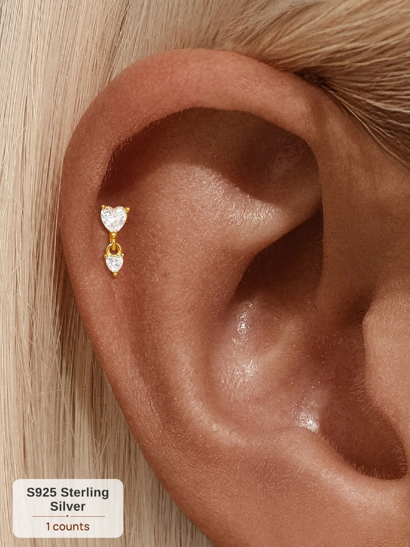 18K Gold Plated S925 Sterling Silver Single Piece Romantic Double Heart Link CZ Cartilage Earring, Hypoallergenic Threaded Flat Back Helix Tragus Piercing, Meaningful Anniversary Jewelry Gift