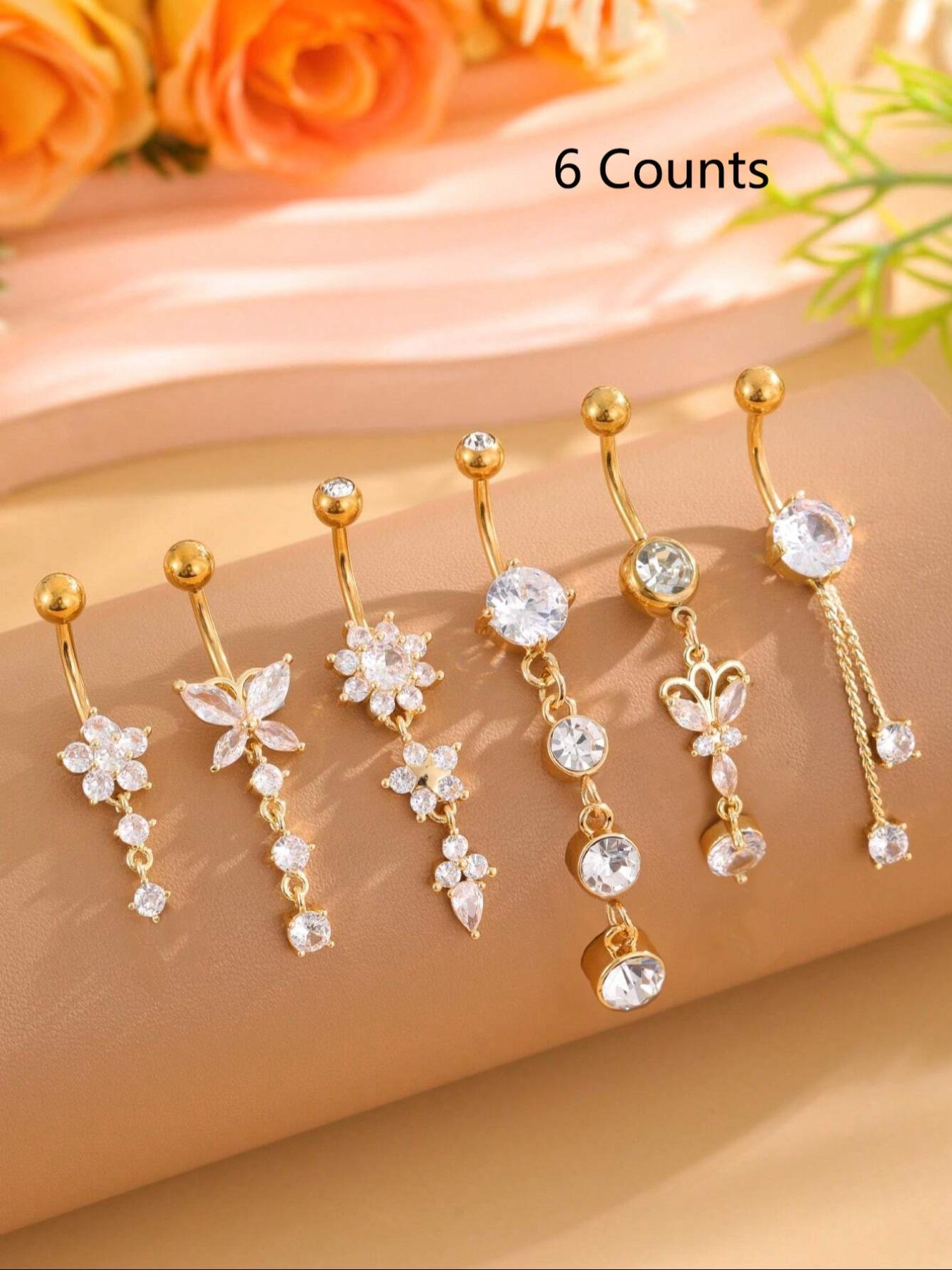 Women's Elegant Butterfly & Flower Design Belly Rings, Stainless Steel Belly Button Rings, Cute Trendy Belly Piercing Jewelry, Fashion Body Jewelry, Artificial Zircon for Party & Daily Decor