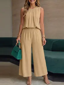 ZANZEA Women's Round Neck Pleated Loose Solid Sleeveless Vest and Wide Leg Long Pants Set, Casual Two-Piece, Comfortable and Stylish