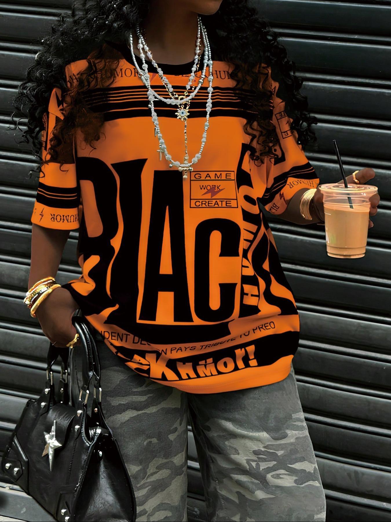 Women's Letter Print Round Neck Tee, Casual Style Tee, Fashion Casual Crew Neck T-shirt for Daily Holiday Vacation Outdoor Wear, Ladies Clothes for Summer, Top