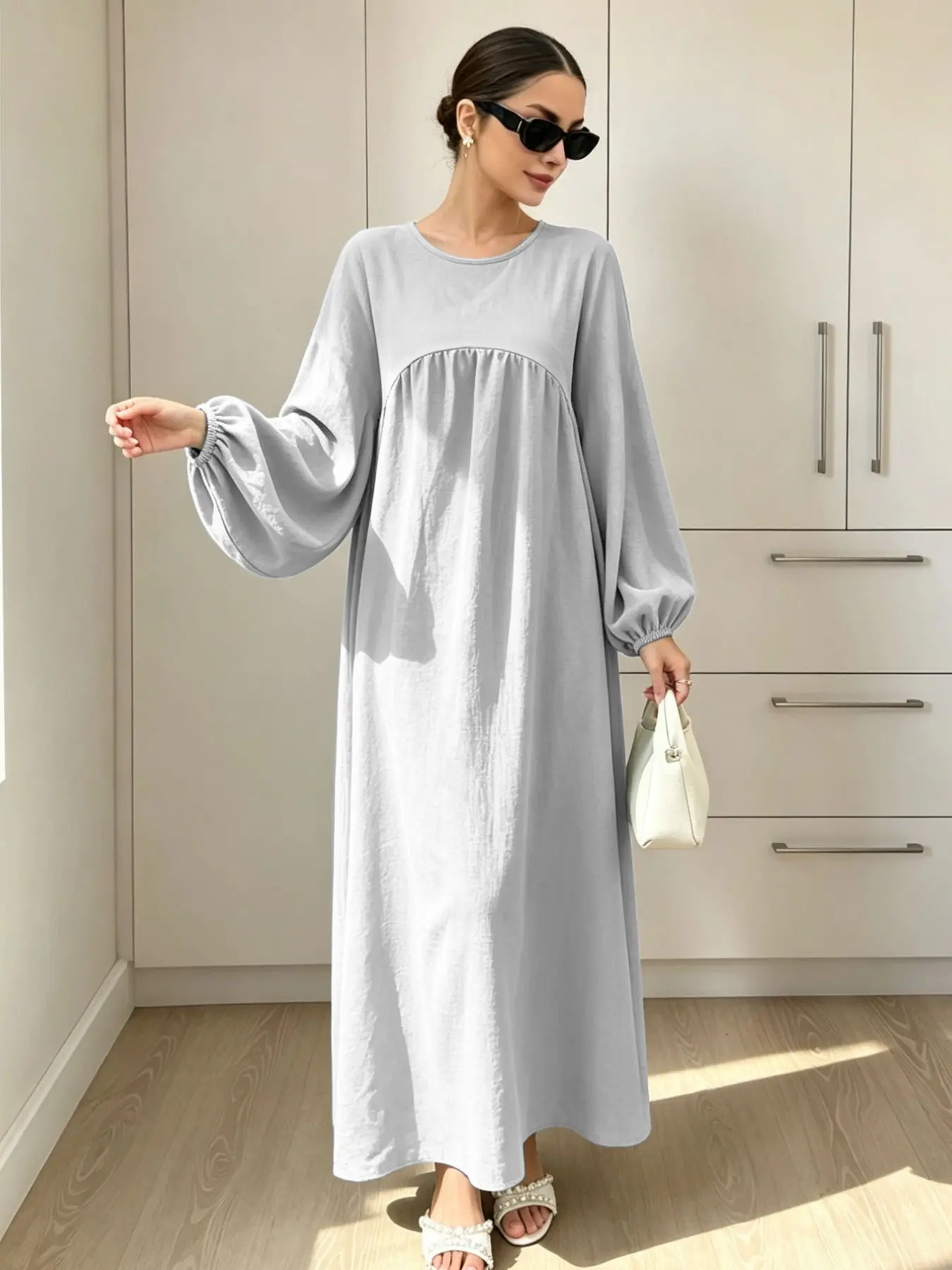 New Plus Size Dress with Chest Ruffles, Lantern Sleeve Design, Classic Versatile Abaya for Women's Daily Wear, Stylish and Comfortable