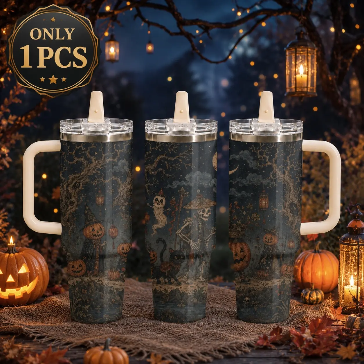 Enchanted Pumpkin Forest 40oz Tumbler with Handle & Straw, Vintage Halloween Dark Cottagecore Stainless Steel Vacuum Insulated Travel Mug, Witchy Pumpkin Patch Design Cup for Women, Car, Gym & Work