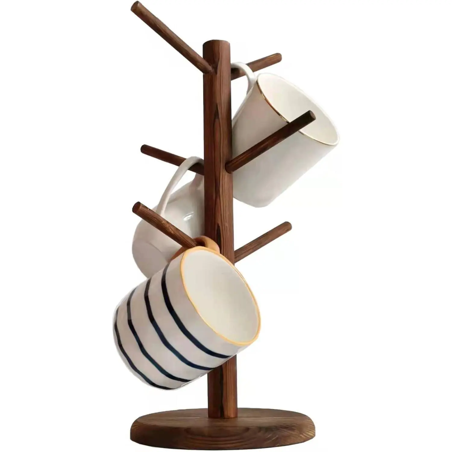 Wood Mug Holder Tree, Coffee Cup Holder with 6 Hooks, Countertop Wood Mug Rack, Brown Coffee Bar Accessories Organizer Station