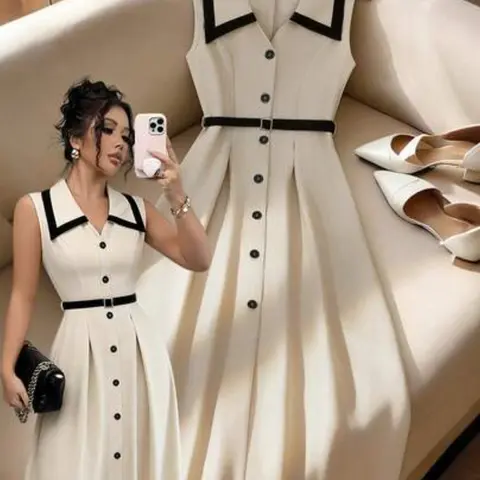 French Style Chic and Contrast Lapel Vest Sleeveless, Waist Cinch Slimming Belted Midi Dress, Elegant Charming Look, Sundress