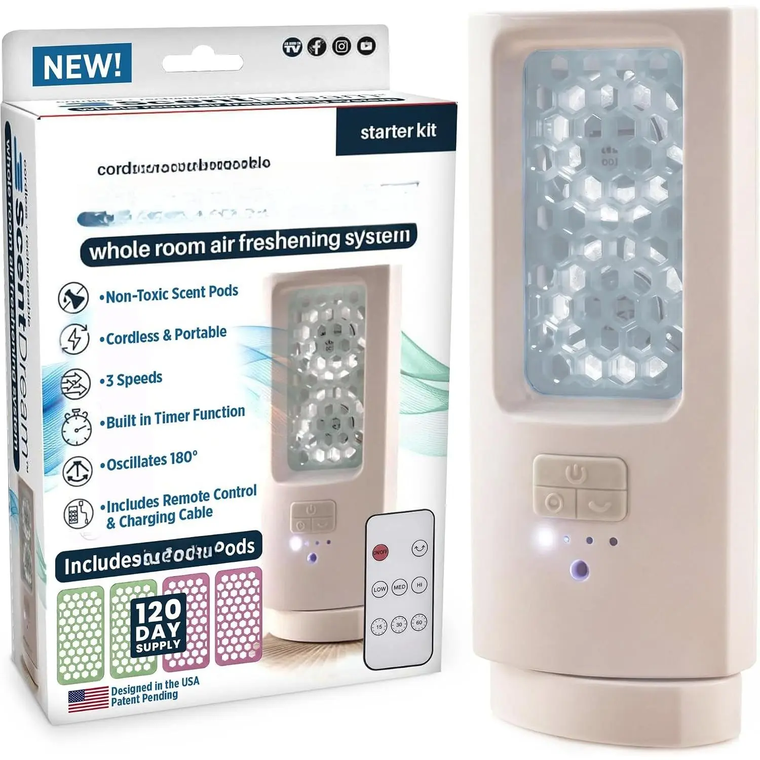 Electric Air Freshener Starter Kit, Recharable, 4 Scent Refills | Cordless, Rechargeable, With Remote Control &  ,180° Oscillation,  Aroma Pods, 120-Day  included