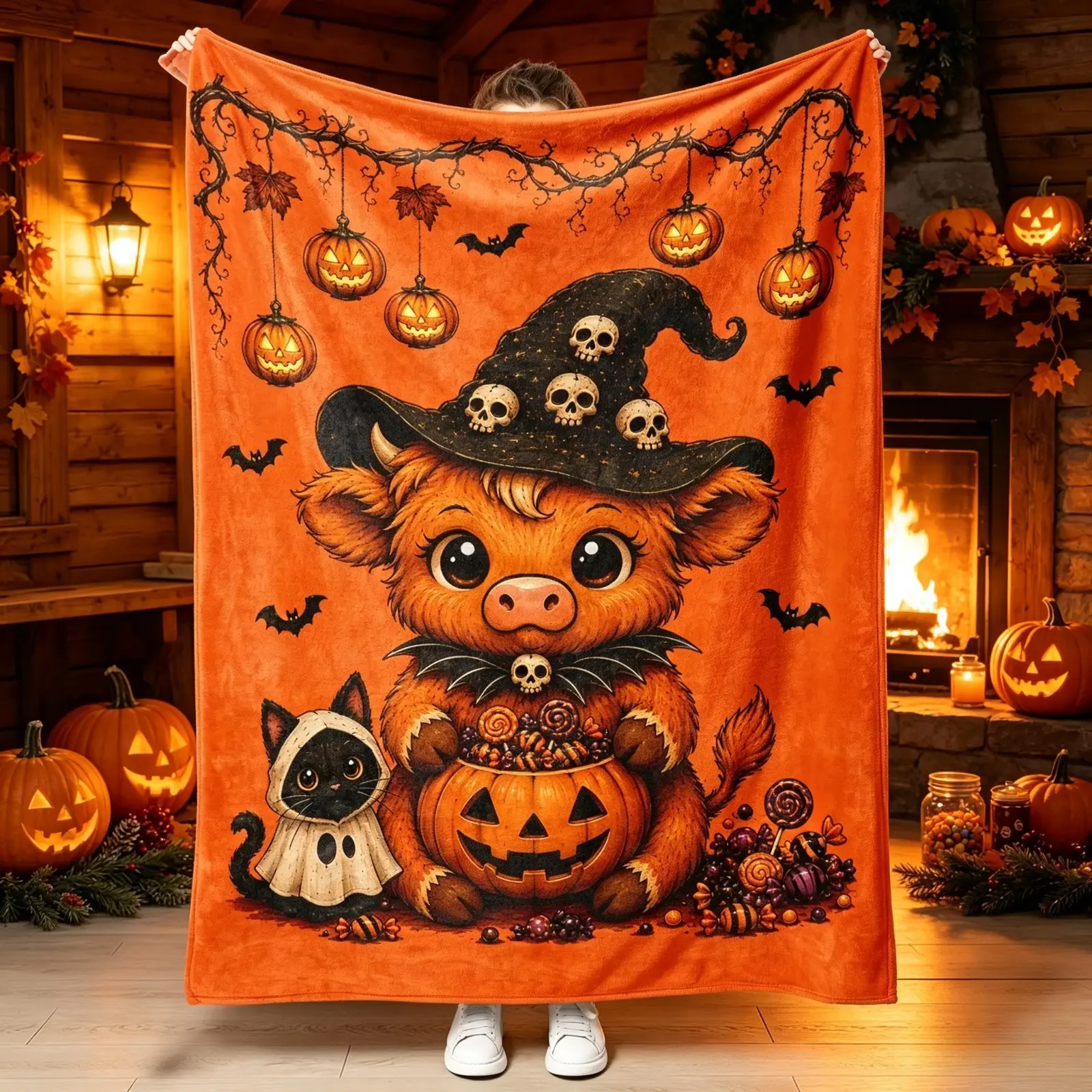 Halloween Witch Highland Cow Blanket, Cute Spooky Fall Farm Animal Fleece Throw Blanket, Cozy Plush AC Blanket for Kids & Adults, Warm Lightweight Sofa Bed Blanket for Bedroom Living Room, Halloween Home Decor, Back To School College Dorm Gift for Cow Lov
