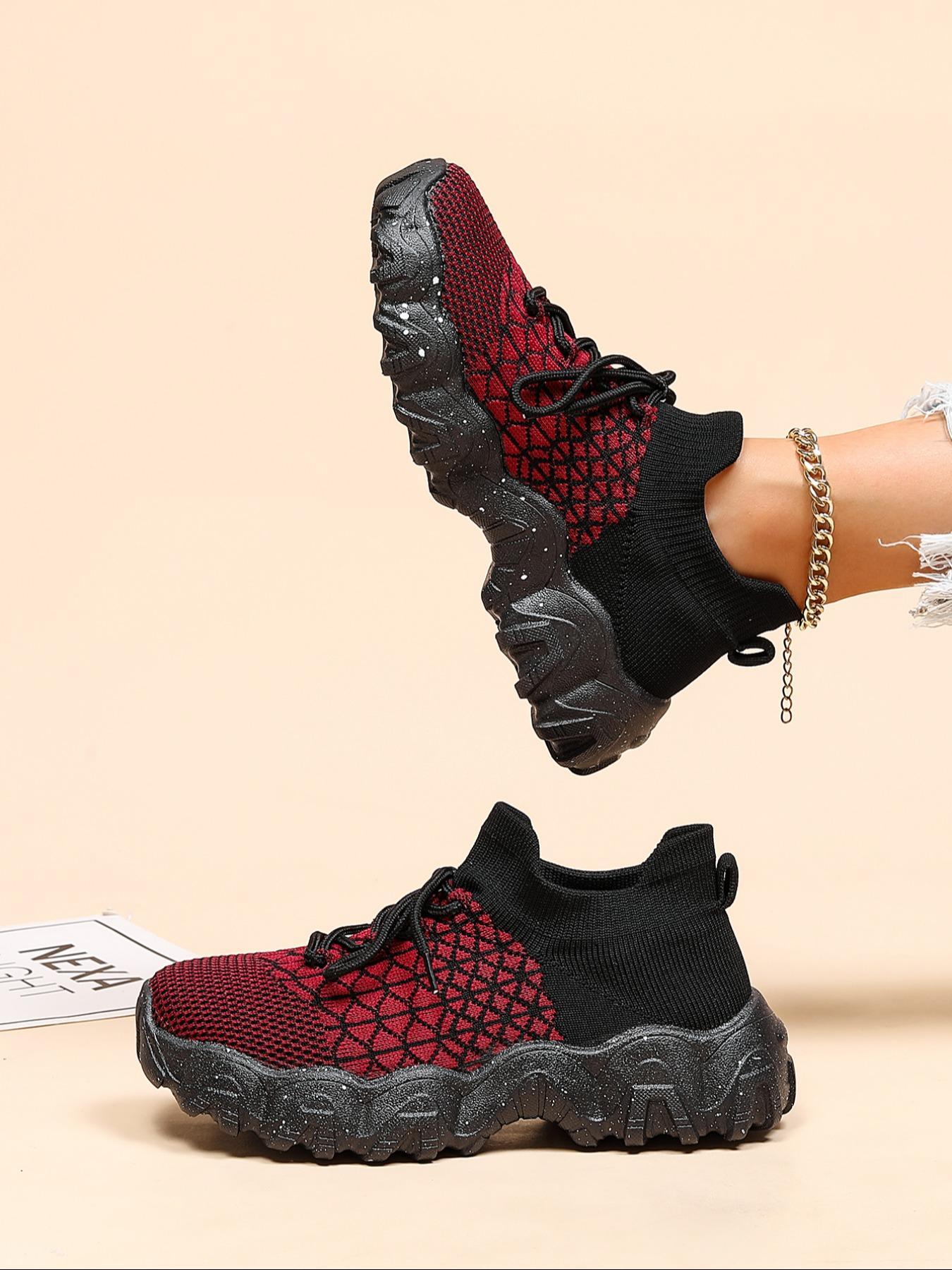 Women's Fashionable Lace Up Low Top Sneakers, Casual Comfortable Breathable Knitted Running Shoes, All-match Basic Shoes for Daily Wear