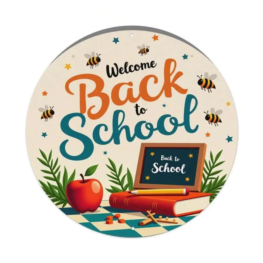 8*8in 2D Flat Lovely Welcome Back To School Round Metal Wall Art Bee Green Leaves Book Chalkboard Design Decor For School Hall Classroom Door Home Study Room home decor for wall