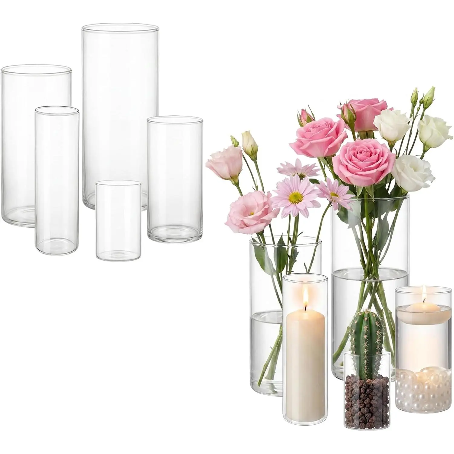 Glass Cylinder Hurricane Tall Clear Vase Flower Vases for Centerpieces,10pc |   4,6,7, 8,10 Inch Vases Bulk Floating Candle Holder for Table Shelf Wedding Home Decor