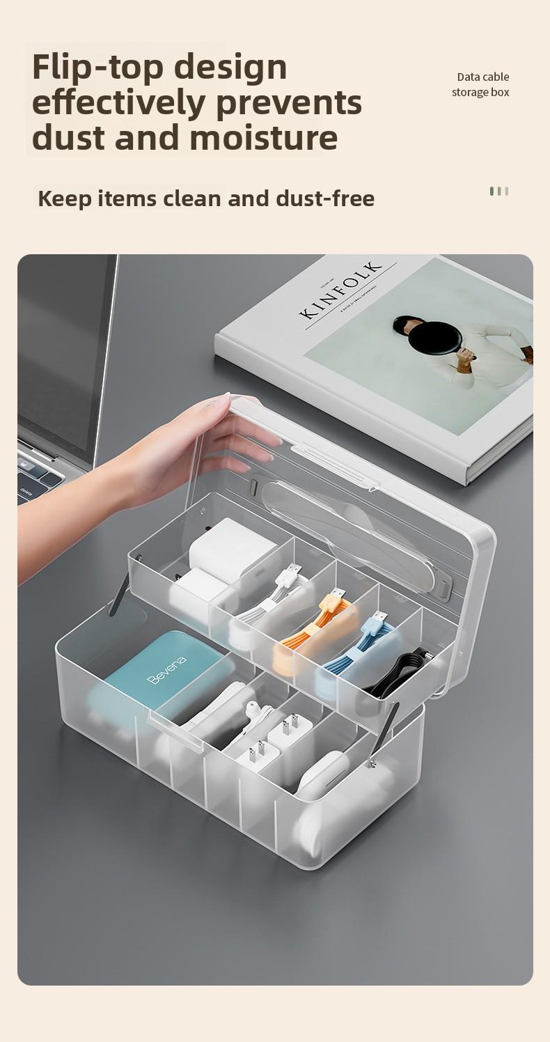 Data cable storage box with compartments, cable organizer, mobile phone charging cable desktop drawer, dustproof flip-top storage box