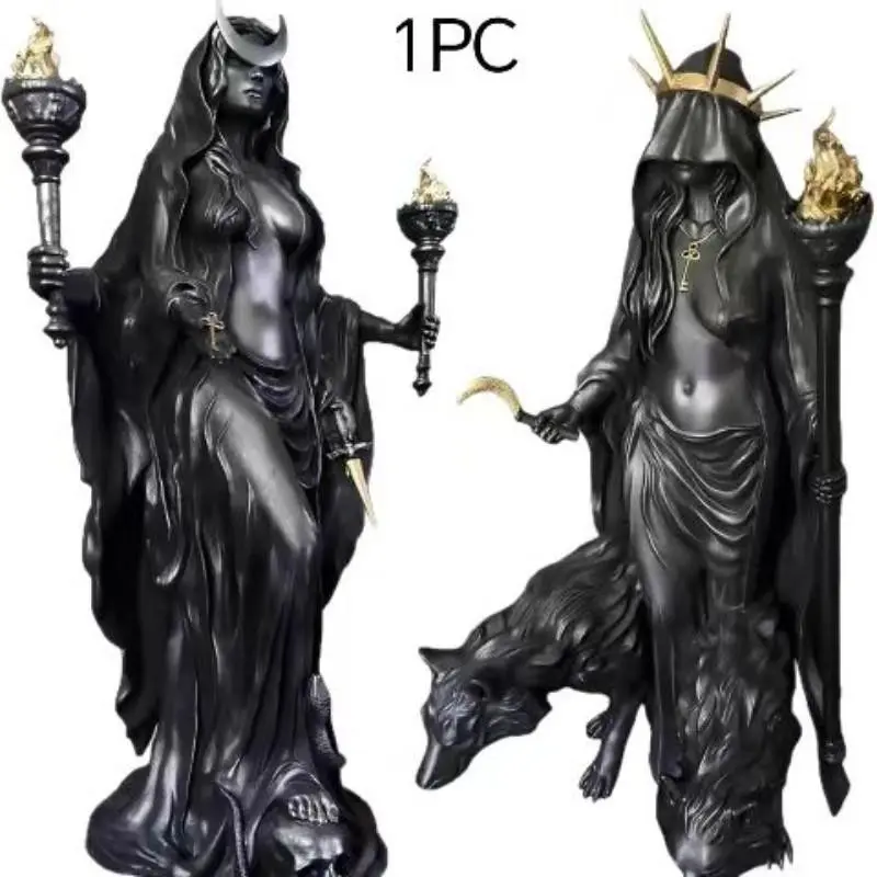 Matte Gold Hecate Triple Moon Goddess Statue, Witchcraft Desk Decor, Halloween Christmas Gift, with Robe Torch Key Wolf