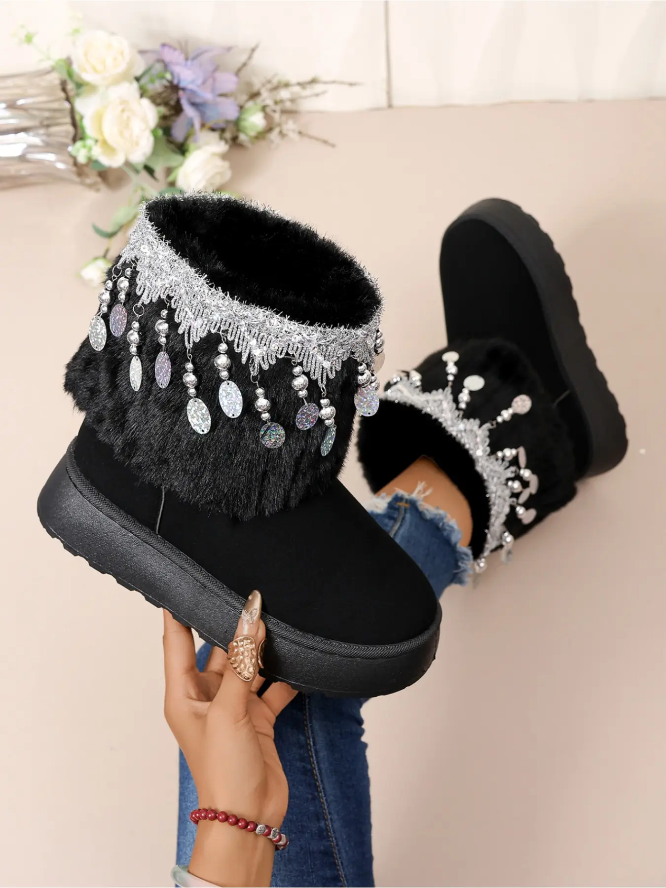 Bohemian Silver Sequin Tassel Platform Snow Boots for Women, Fuzzy Lined Warm Ankle Boots, Vintage Heavy Pendant Winter Cotton Shoes