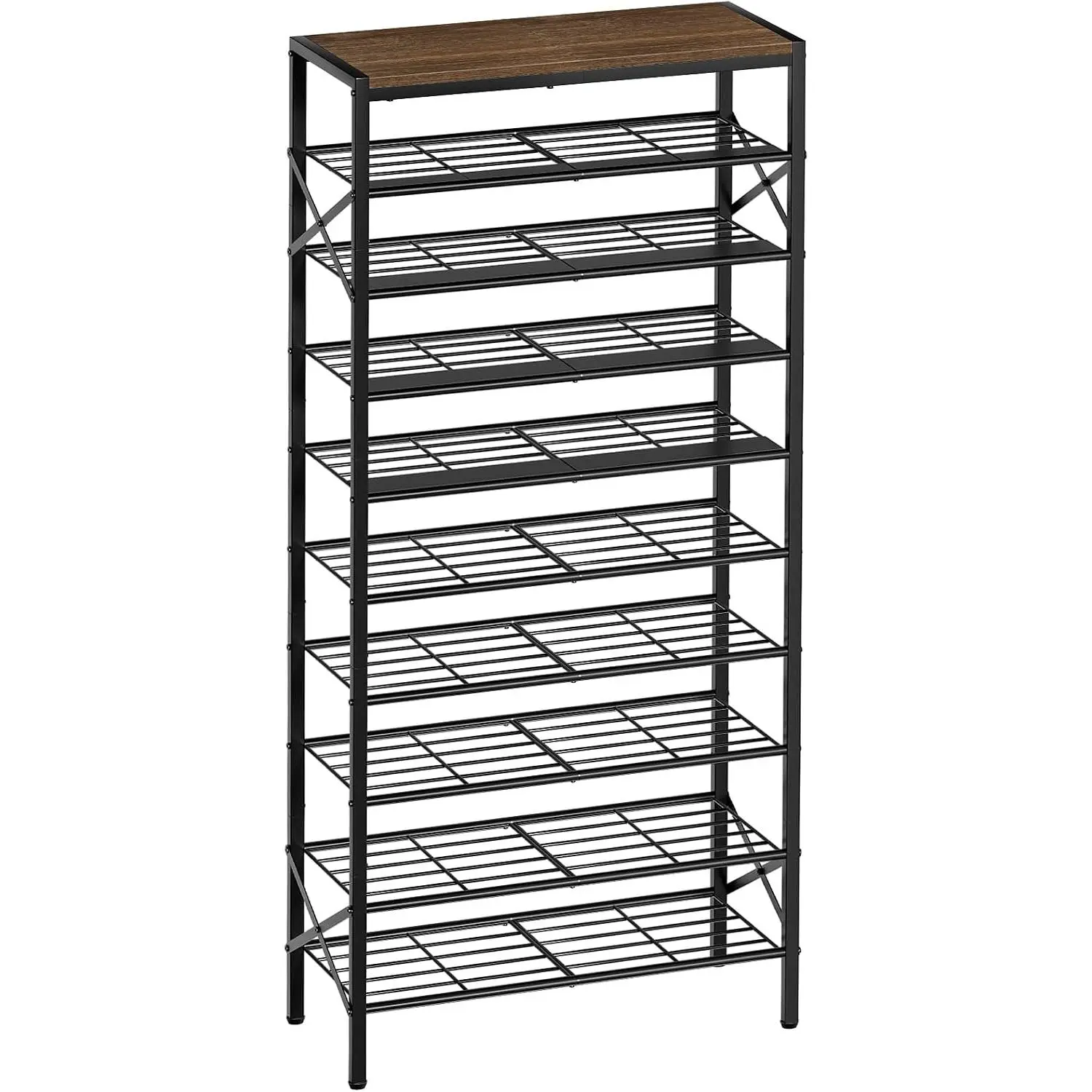 10-Tier Tall Shoe Rack Organizer Shoe Storage for Entryway 30-40 Pairs Metal Shoe Rack for Closet Heavy-Duty Shoe Rack with Wooden Top Shelf for Garage Rustic Brown