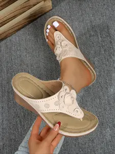 Vintage hollow wedge slide sandals with carved breathable upper, cushioned insole & anti-slip thick sole, comfy for daily casual wear.