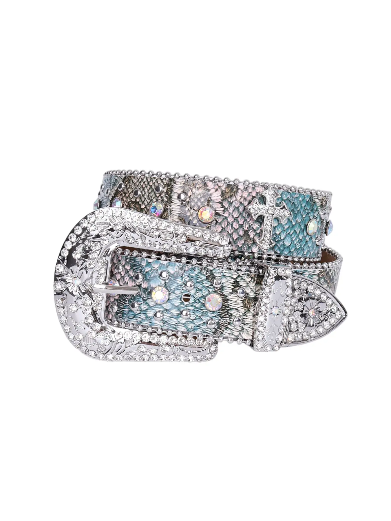 Shiny Mermaid Snake Skin Studded Cross Belt, Iridescent Gradient, Silver Color Buckle, Y2K Gothic Cowboy Waist Strap, Unisex Bling Accessory