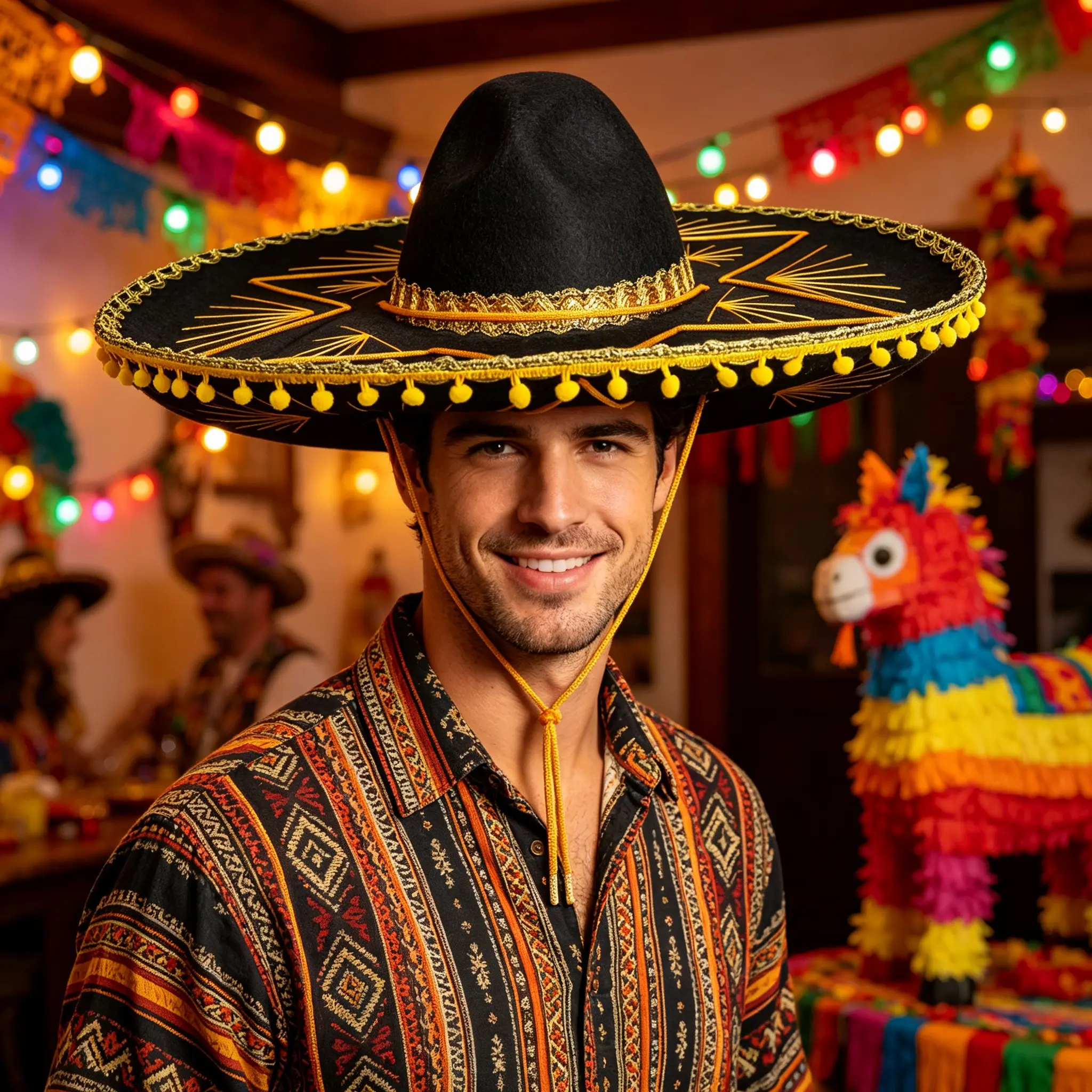 Mariachi-style black Mexican hat, 18-inch wide-brim party costume hat with gold tassels