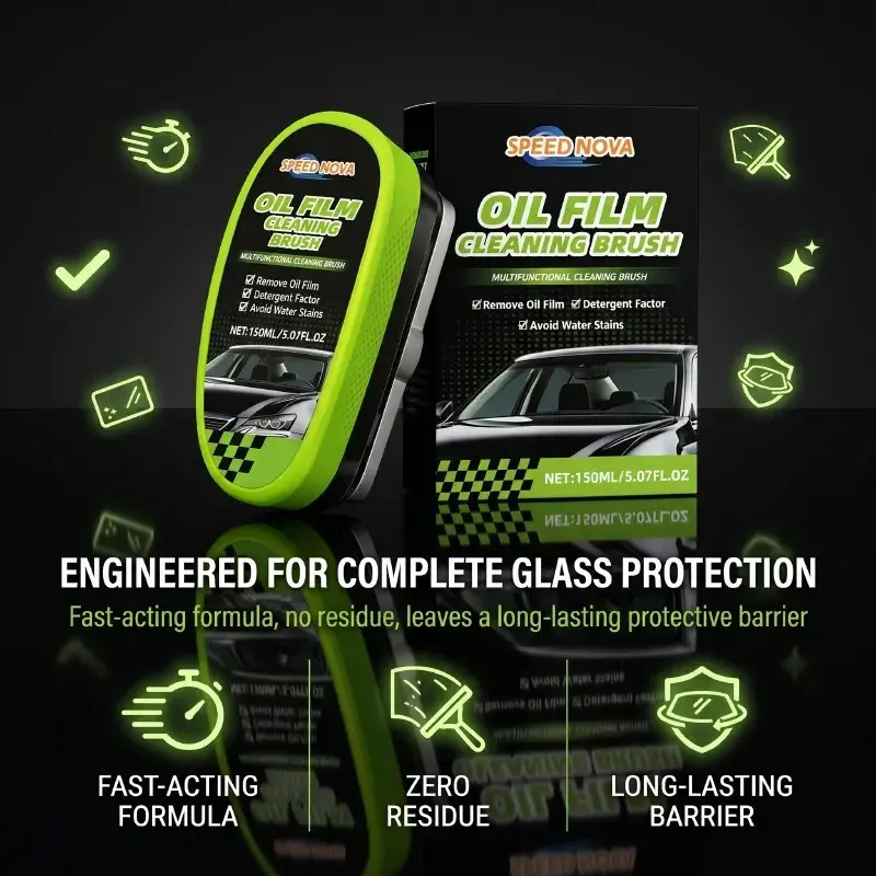 Speed Nova Oil Film Cleaning Brush, 150ML Car Glass Remover, Portable Windshield Cleaner, Removes Stubborn Oil & Water Stains, Improves Visibility