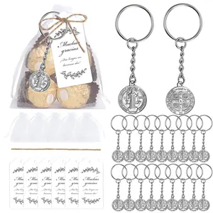 Medal Keychain, Cross Protection Saint Pendant with Organza Bags Kraft Tag Jute Rope Pocket Prayer Medal Catholic Baptism Charms Religious Amulet Gift