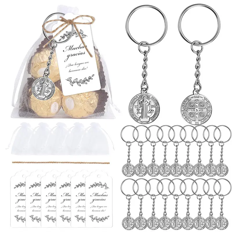 Medal Keychain, Cross Protection Saint Pendant with Organza Bags Kraft Tag Jute Rope Pocket Prayer Medal Catholic Baptism Charms Religious Amulet Gift