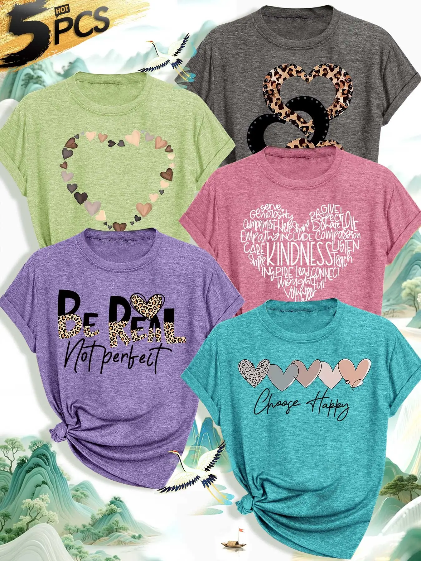 Women's 5-Piece Round Neck T-Shirt Set, Heart Leopard Print, Soft Fabric, Casual Fashion, Spring Summer Wear