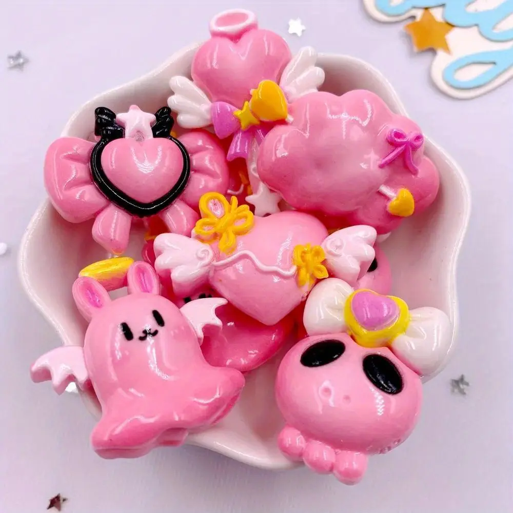 6pcs Resin Colorful Cartoon Pink Love Magic Stick Bow Skull Flat back Stone Figurines Halloween Decor Scrapbook DIY Accessories Crafts Supplies