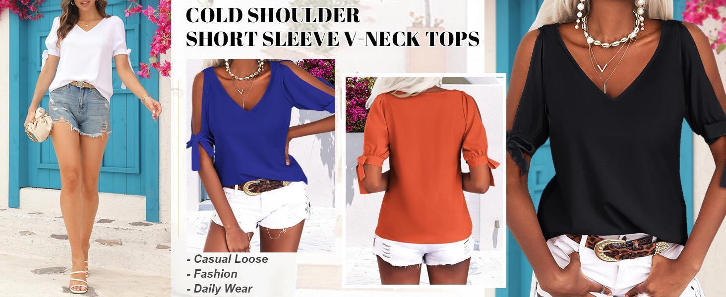 Imily Bela Women's Cold Shoulder Tops Short Sleeve V-Neck Casual Loose Cutout Summer Fashion Tshirts Blouse Shirts