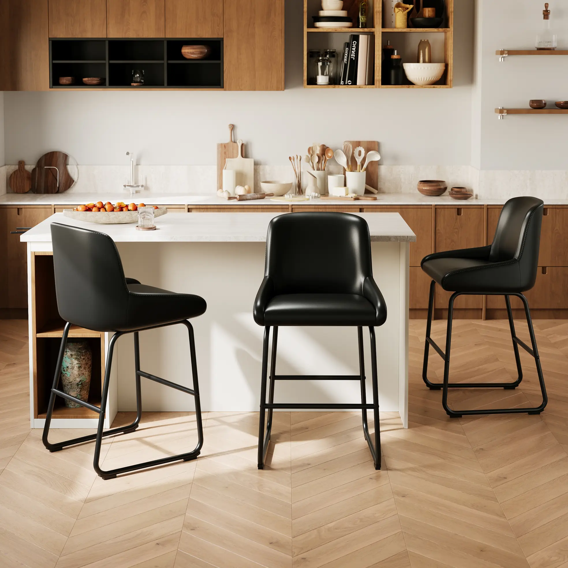 PU Leather Counter Stools Set of 3-4 - Modern, Without Arms, Simple Setup Indoor Bar Stools for Kitchen Island, Home Bar - Easy Assembly