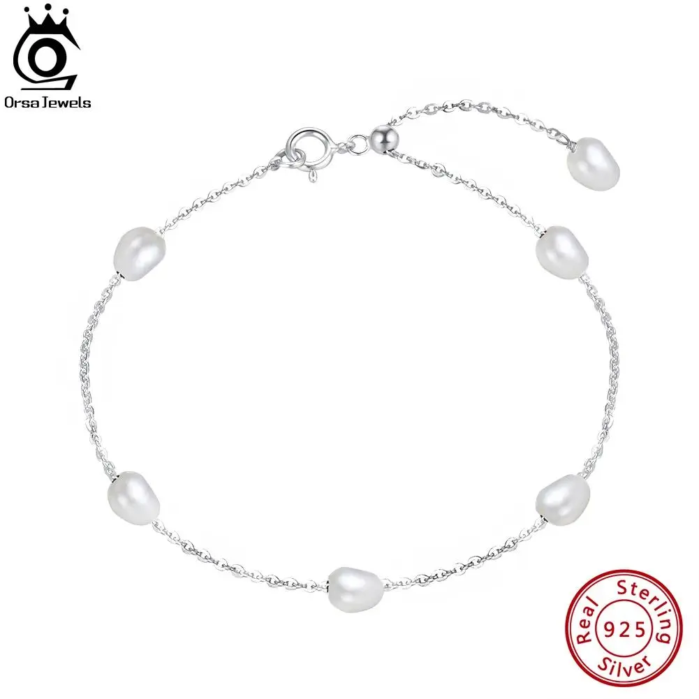 ORSA JEWELS Natural Pearls Bracelets Chain for Women Gift 925 Sterling Silver Simple Dainty Pearl Charm Wedding Bracelets OGPB08