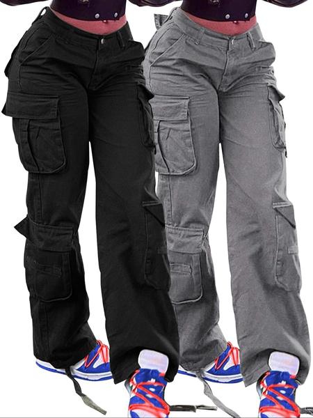 Women's Plain High-Waisted Cargo Pants with Pockets and Drawstring, Fashion Y2K K-Pop Style Streetwear Trousers for Daily Wear, Ladies' Baggy Pants for Fall & Winter