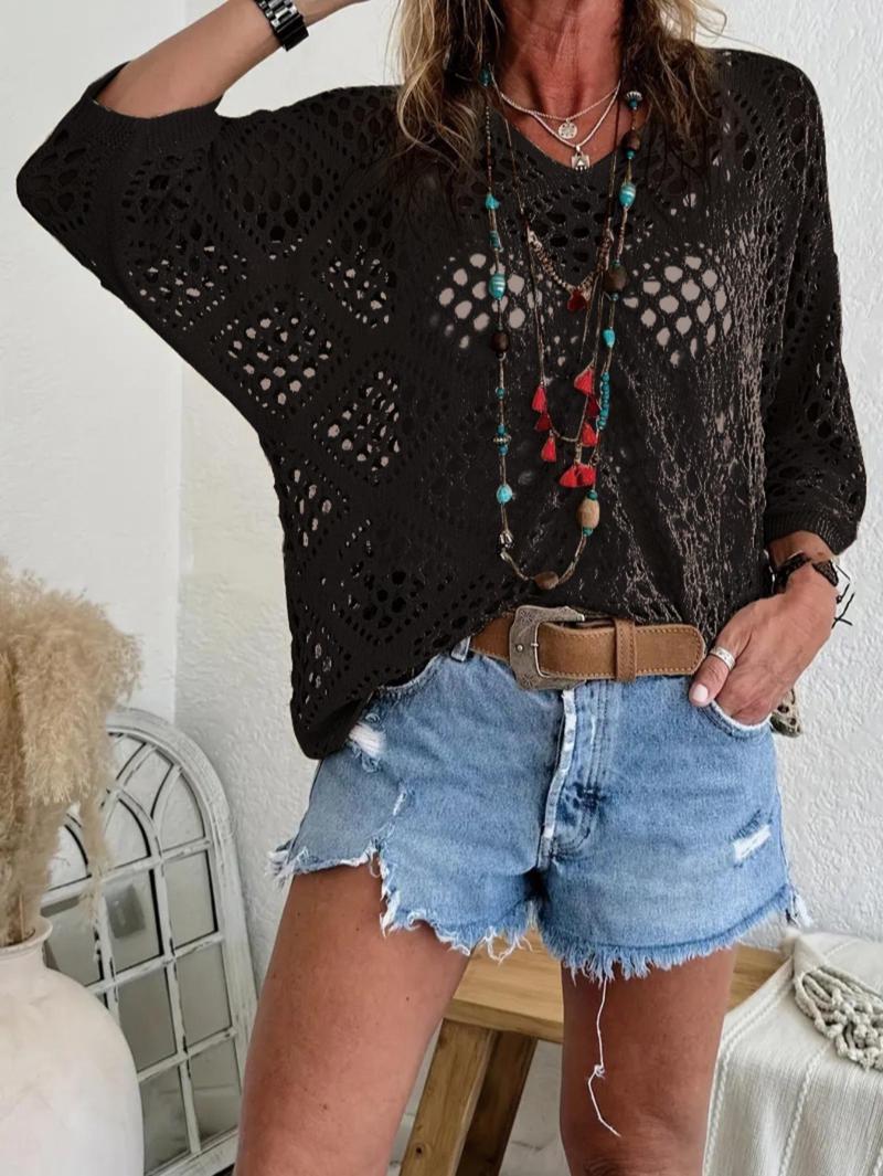 Plus Size Solid Hollow Out Drop Shoulder Knit Top, Casual V Neck Three Quarter Length Sleeve V Neck Knitwear for Summer, Women's Plus Clothing for Daily Wear