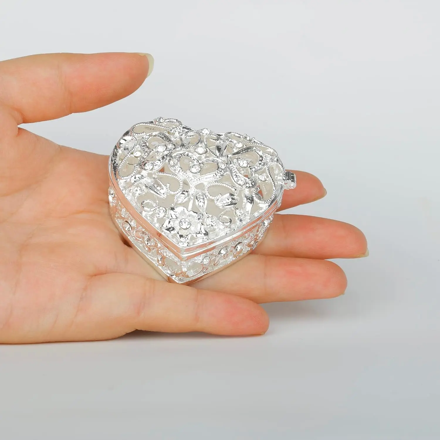 Heart  Trinket Box Bejeweled Heart Box with Hollow Flower Figurines  Boxes Ring Holder