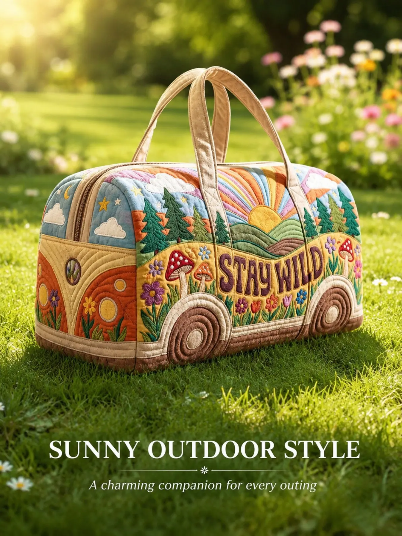 1pc [Large Capacity] Quilted Duffel Bag with Stitched Lines & 3D Print, Retro Van Travel Tote Bag, Unisex Spacious Overnight Weekender Bag, Camping Picnic Carry Bag, Travel Duffels