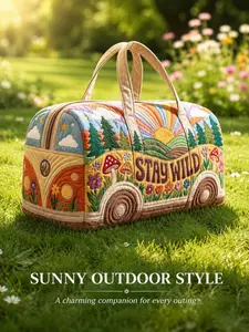 1pc [Large Capacity] Quilted Duffel Bag with Stitched Lines & 3D Print, Retro Van Travel Tote Bag, Unisex Spacious Overnight Weekender Bag, Camping Picnic Carry Bag, Travel Duffels