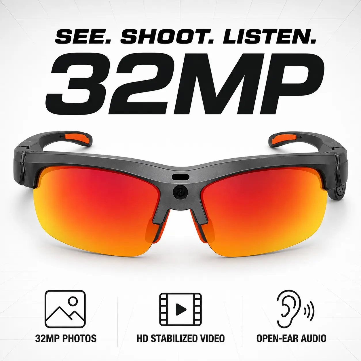 POV Recording Glasses with 32MP Photos, HD Stabilized Video, Open-Ear Audio and Voice Control for Outdoor Adventures